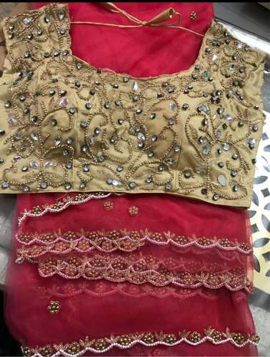 Fancy Red Net Saree With Cream Ready Made Blouse by Lotus Crafts Exports