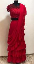 Party Wear Red Ruffle Saree