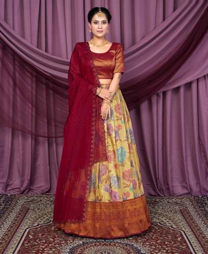 Digital Floral Jacquard Lehenga with Mercury-Blueberry Dupatta by Gajiwala Sarees