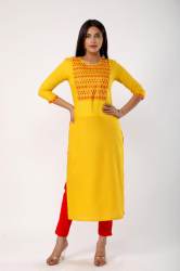 Women Embroidered Rayon Straight Kurta - Yellow