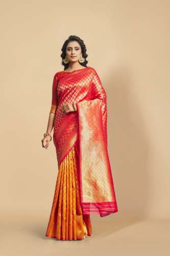 Beautiful Red And Orange Jacquard Saree by Shivant Fashion