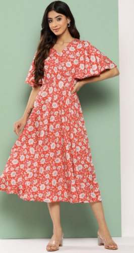 Digital Printed Crepe Floral Midi Dress By JANASYA by Janasya Brand Pvt Ltd