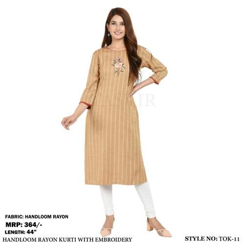 Trendy Handloom Printed Rayon Slub Kurti by Tasvir