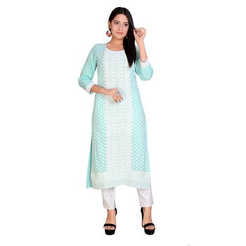 Sky Blue Chikan Work rayon Kurti by Venus Creation