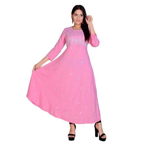 Trendy Anarkali Pink Rayon Embroidered Kurti by Venus Creation