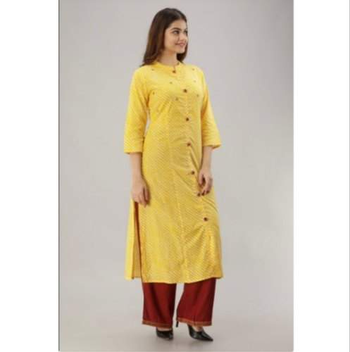 Formal Wear Yellow Cotton Straight Kurti by DMELO