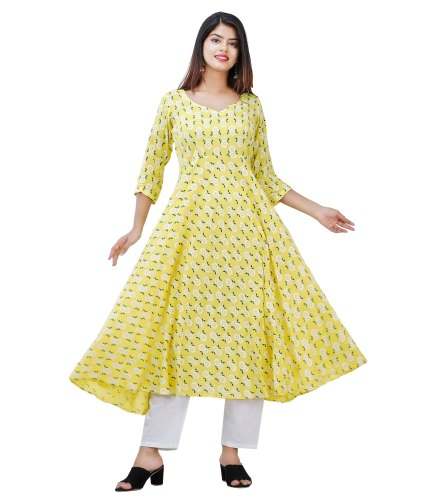 Trendy Anarkali Lemon Rayon Printed Kurti by DMELO