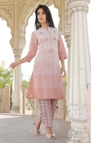 Pink Straight Rayon Kurti Pant Set by Rukma Fabrics