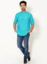 Men Aqua Turquoise Full Sleeves Linen Short Kurta thumb 1