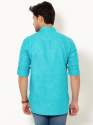 Men Aqua Turquoise Full Sleeves Linen Short Kurta thumb 2