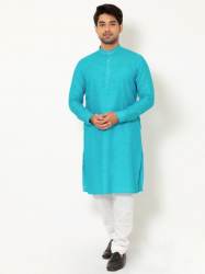 Men Aqua Turquoise Linen Long Kurta