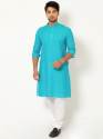 Men Aqua Turquoise Linen Long Kurta thumb 1