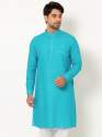 Men Aqua Turquoise Linen Long Kurta thumb 2