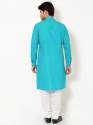 Men Aqua Turquoise Linen Long Kurta thumb 3