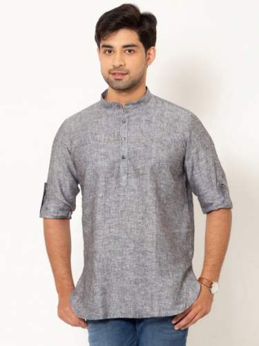 Men Ash Grey Full Sleeves Linen Short Kurta