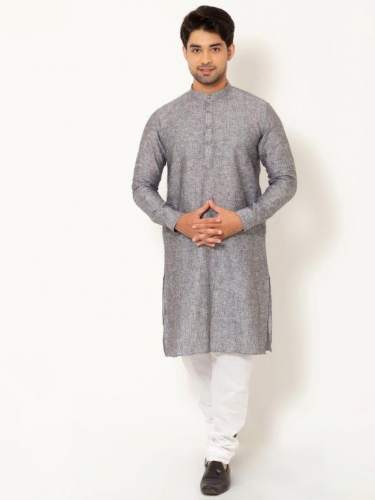Men Ash Grey Linen Long Kurta