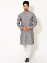 Men Ash Grey Linen Long Kurta
