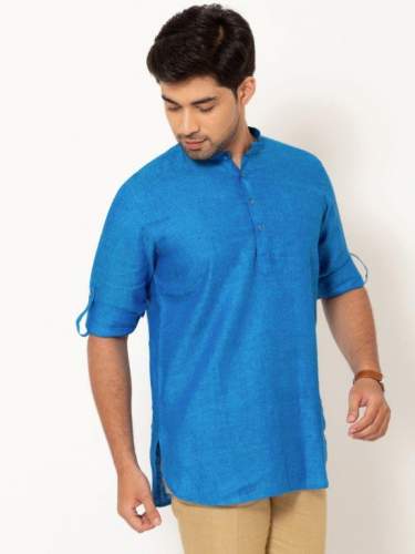 Men Azure Blue Full Sleeves Linen Short Kurta