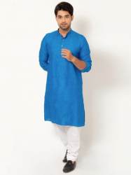 Men Azure Blue Linen Long Kurta