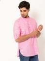 Men Baby Pink Full Sleeves Linen Short Kurta thumb 1
