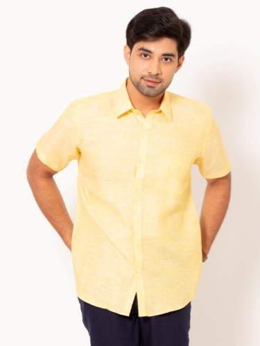 Men CANARY YELLOW Half Sleeves LINEN Shirt by Rock Creation