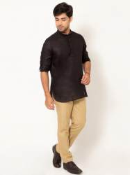 Men Carbon Black Full Sleeves Linen Short Kurta