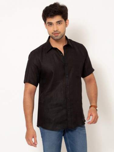 Men Carbon Black Half Sleeves Linen Shirt