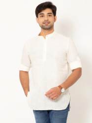 Men Ivory White Full Sleeves Linen Short Kurta