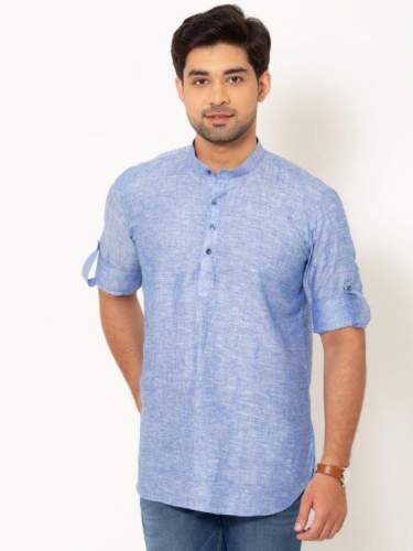 Men Light Blue Full Sleeves Linen Short Kurta