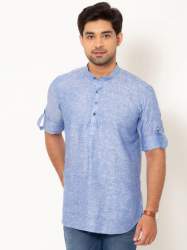 Men Light Blue Full Sleeves Linen Short Kurta