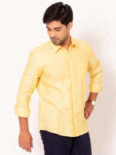 Men Light Canary Yellow Full Sleeves Linen Shirt
