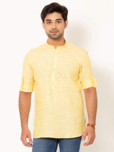 Men Light Yellow Full Sleeves Linen Short Kurta