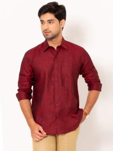 Men Merino Maroon Full Sleeves Linen Short Kurta