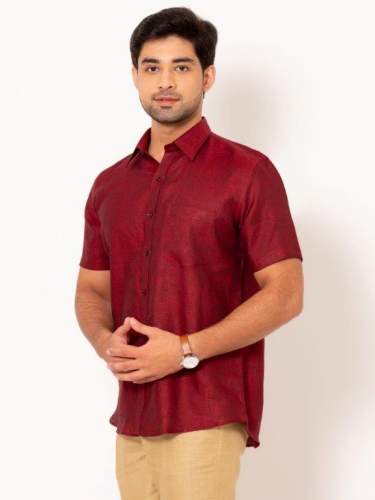 Men Merino Maroon Half Sleeves Linen Shirt by Rock Creation