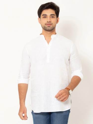 Men Milky White Full Sleeves Linen Short Kurta