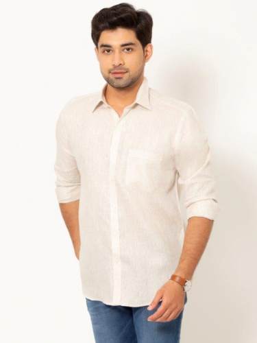 Men Oatmeal Chambray Full Sleeves Linen Shirt