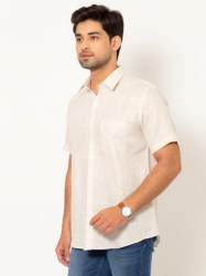 Men Oatmeal Chambray Half Sleeves Linen Shirt