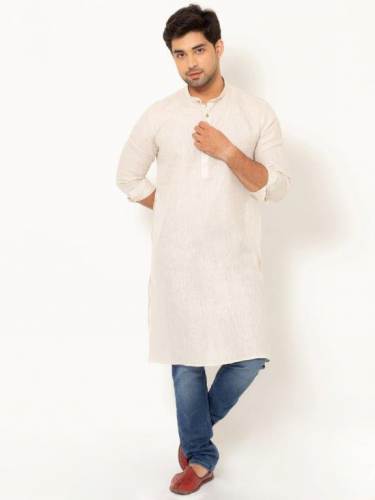 Men Oatmeal Chambray Linen Long Kurta