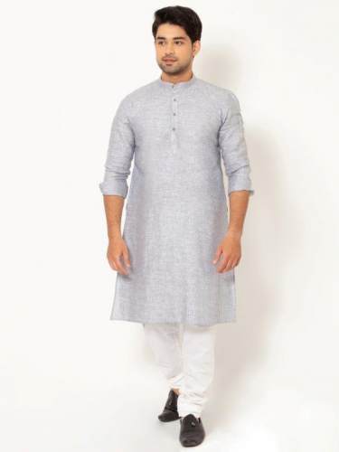 Rock Creation Men Oxford Grey Chambray Linen Long Kurta