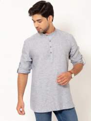 Men Oxford Grey Full Sleeves Linen Short Kurta