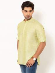 Men Pistachio Green Full Sleeves Linen Short Kurta