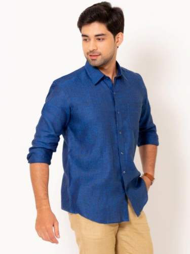 Men Royal Blue Chambray Linen Full Sleeves Shirt