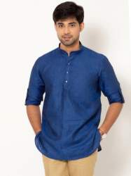 Men Royal Blue Full Sleeves Linen Short Kurta