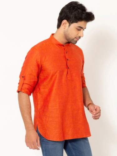 Men Rusty Orange Full Sleeves Linen Short Kurta