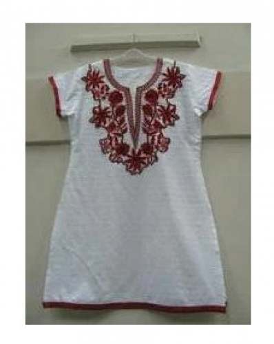 Cotton White And Red Embroidery Kurti by Hamaari Dadi Overseas Private Limited