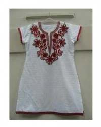 Cotton White And Red Embroidery Kurti