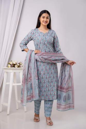 New Collection Cotton Grey Kurti Pant Dupatta Set