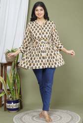 Printed Peplum Top With Belt For Women