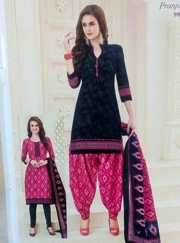 Pink and Black Cotton Dress Material  by Uni Sales