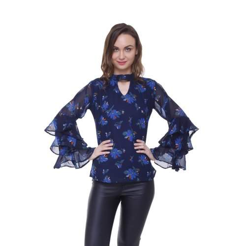 Blue Ruffle Sleeve Western Top  by Phalin Impex Private Limited